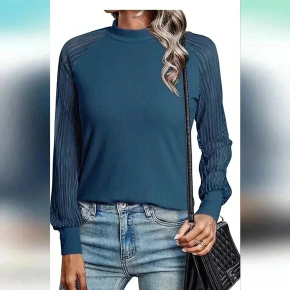 Amazon Tops - Dokotoo Womens Fall Crewneck Mesh Lace Long Sleeve Ribbed Knit Blouses Solid EUC